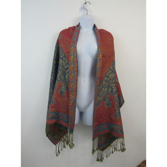 100% Pashmina Shawl Blue Red Orange Metallic Peacocks Fringe Florals Boho  Wool - Picture 2 of 8